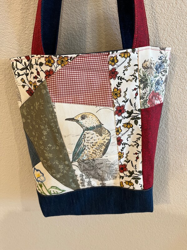 Upcycled Denim and Floral Shoulder Tote with Bird Motif, Large Size